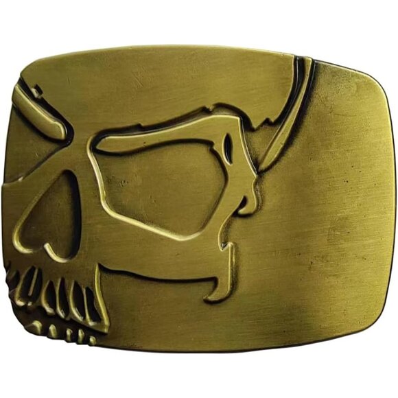 Men's Gold Antique Brass Skull Western  Country Rodeo Metal Belt Buckle - Picture 1 of 5